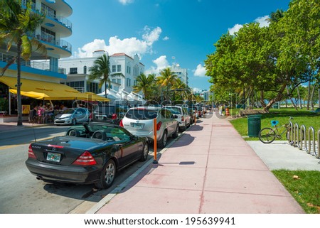 MIAMI,USA - MAY 21,2014 : Ocean Drive hotels and buildings in Miami Beach, Florida. Art Deco architecture in South Beach is one of the main tourist attractions in Miami