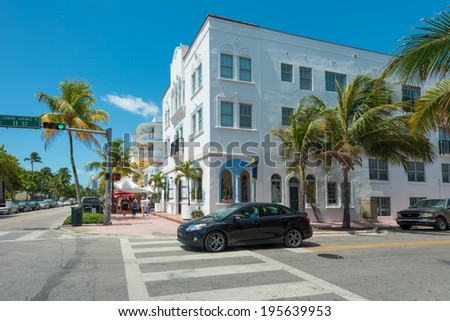MIAMI,USA - MAY 21,2014 : Ocean Drive hotels and buildings in Miami Beach, Florida. Art Deco architecture in South Beach is one of the main tourist attractions in Miami