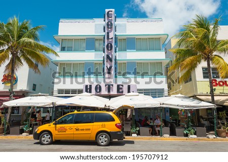 MIAMI,USA - MAY 21,2014 : The Colony Hotel at Ocean Drive in Miami Beach, Florida. This famous Art Deco building in South Beach is one of the photographed attractions in Florida