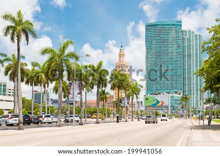 MIAMI,USA - MAY 27,2014 : Skyscrapers and the Freedon Tower in downtown Miami