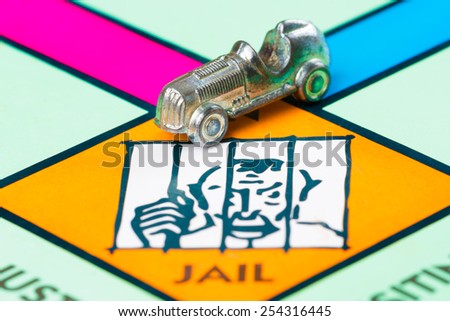 LONDON,UK - FEBRUARY 11, 2015 : Car token next to the JAIL space in a Monopoly game board