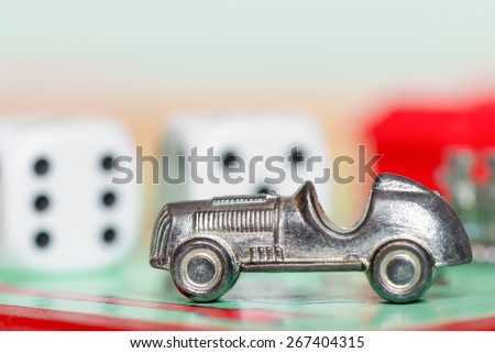LONDON,UK - APRIL 1,2015 : Car token and dice at the GO space of a monopoly game board