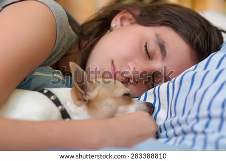 Pretty girl sleeping with her small chihuahua dog