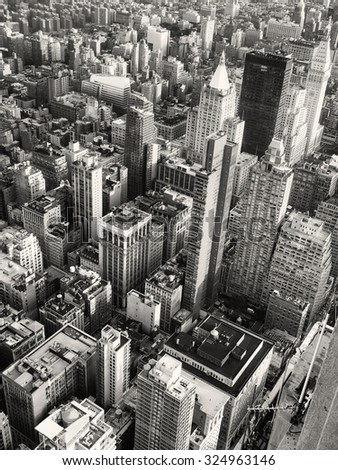 Black and white aerial view of midtown Manhattan in New York City