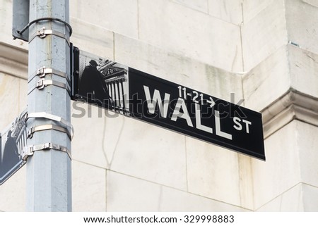 NEW YORK,USA - AUGUST 14,2015 : Street sign at Wall Street in Manhattan Financial District in New York City