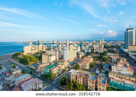 Aerial view of the city of Havana including the Vedado neighborhood and several tourist attractions