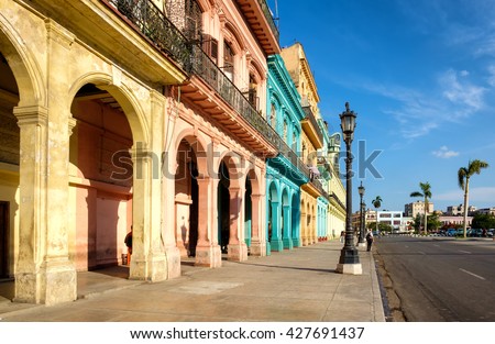 Street scene with colorful buildings in downtown Havana right in front of the Capitol