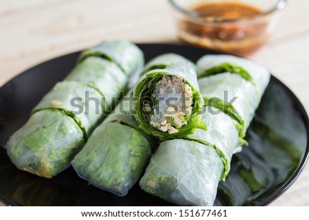 vegetables spring roll vietnamese food with spicy sauce