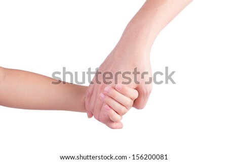 Mother holding a hand of her son isolated on white background