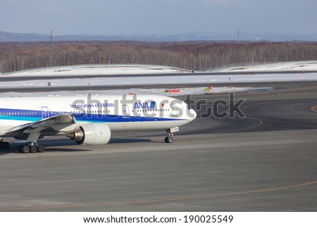 HOKKAIDO, JAPAN - MARCH 17: All Nippon Airways (ANA) Boeing 777 on March 17, 2014 at New Chitose Airport, Hokkaido, Japan. ANA is one of largest airlines of Japan with 177 passenger planes.