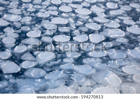 Blocks of ice on the coast of the frozen sea.