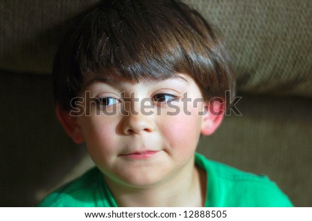 Cute young boy wearing a green t-shirt with his eyes looking off to his right. He has a half-smile on his face.