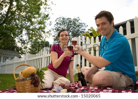 A happy couple enjoying a picnic spread.  They are toasting wine glasses and smiling directly at the camera. Horizontally framed shot.