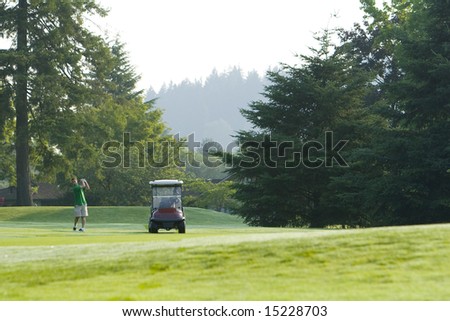A young man, dressed in a green polo, follows through after his golf drive. Horizontally framed shot.