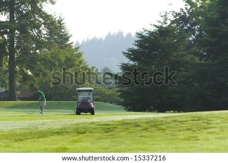 A young man, dressed in a green polo, prepares to drive a golf shot down range. Horizontally framed shot.