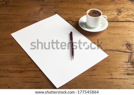 empty paper on wood background with turkish coffee