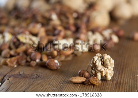 mixed nuts raisins walnuts almonds on wood