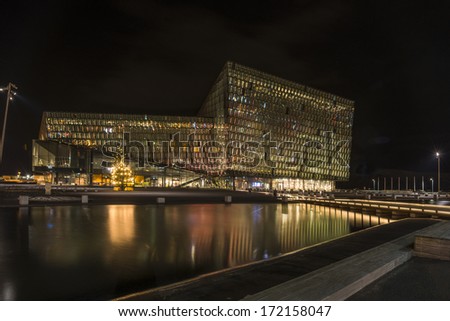 REYKJAVIK, ICELAND - Jan 3: Night scene of Harpa Concert Hall in Reykjavik harbor, Iceland at night on January 3rd 2014, the first purpose-built concert hall in Reykjavik. It was opened on May 4, 2011