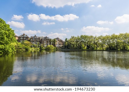 Summer landscape around a small lake in the suburbs of London, UK