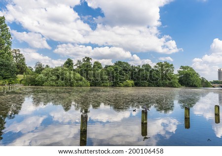 View of Serpentine lake in Hyde Park in the summer, London, UK