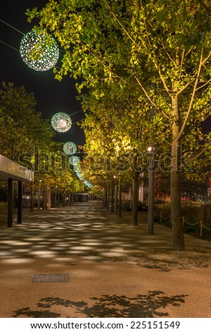 LONDON - October 11th 2014: Night view of Queen Elizabeth Olympic Park - London\'s legacy after the Games which includes world class sporting venues, now open to the public in Stratford, London, UK