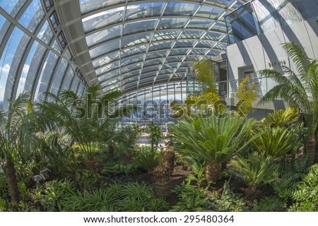 LONDON, UK - JULY 4, 2015: The Sky Garden is Europe\'s highest garden space located on top of 20 Fenchurch St. It features a stylish restaurant; brasserie and cocktail bar.
