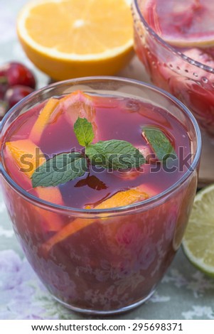 Refreshing red sangria with orange juice and fruit