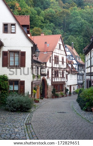 Street view from historical Central European city. Street view from Germany. vertical outdoor view.