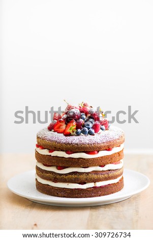 Homemade cake with fresh berries on the top before white background. Empty space for text.