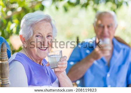 Aged couple is sitting under a tree in garden drinking a lemonade