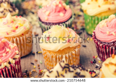 colorful cupcakes frosted with a variety of frosting flavors