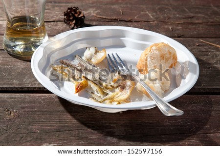Plastic plate with scraps of food, fish bones and unfinished beer