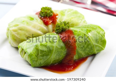 cabbage stuffed with rice and meat on plate