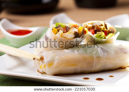 Portion of spring rolls on plate with dipping sauce