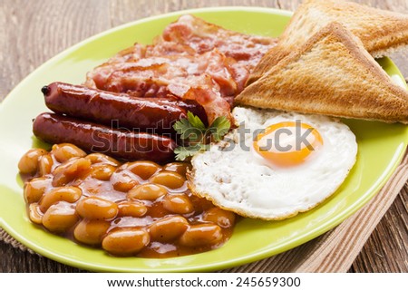 English breakfast with bacon, sausage, fried egg, baked beans and tea or orange juice