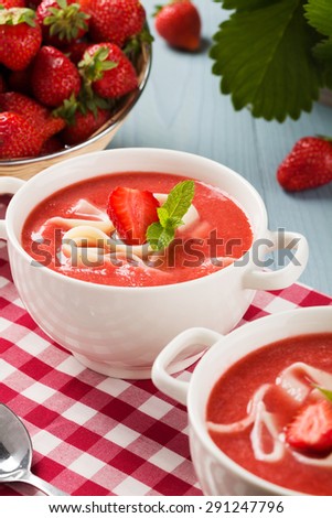 Home made soup with strawberries. Served with noodles in hot summer days.