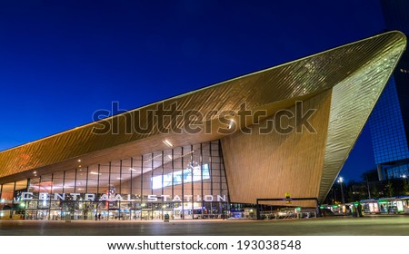 ROTTERDAM, NETHERLANDS - MAY 15: An angular metal-clad canopy now projects over a public square at the entrance to Rotterdam Centraal,  on May 15, 2014 in Rotterdam, Holland