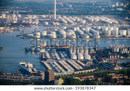 ROTTERDAM, NETHERLANDS - MAY 20, 2014, The fourth largest port in the world,  massive oil silo's along the road in Rotterdam harbor area, taken on May 20, 2014