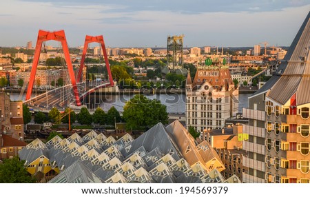 ROTTERDAM, NETHERLANDS - MAY 23, 2014: View on Rotterdam\'s old port (oude haven), the White House (Het Witte Huis), cube houses and Willemsburg Bridge, taken on May 23, 3014 in Rotterdam, Netherlands