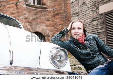 Beauty Woman Sitting Near The Retro Car. Old Italy Series.