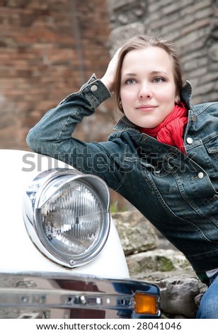 Young Beauty Woman Against White Retro Car. Old Italy Series.