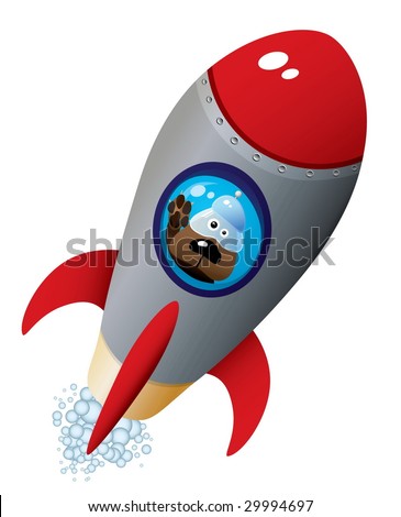 stock vector : Cartoon Dog Astronaut In Old Style Spaceship