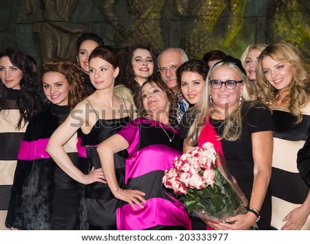MOSCOW - JUNE, 26: T.Mikhalkova, N. Mikhalkov, T.Semina and models. Charity  foundation Russian Siluet. Fashion show  at the Russian Academy of art . June 26, 2014 in Moscow, Russia