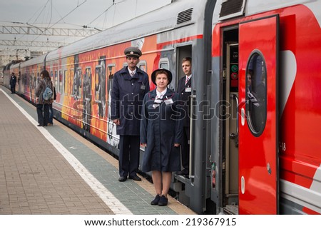 MOSCOW, RUSSIA, SEPTEMBER, 23: Train Conductors. VGIK 95 (Gerasimov Institute of Cinematography) Tour. September, 23, 2014 at Yaroslavsky railway station in Moscow, Russia