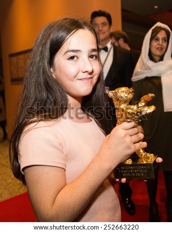 BERLIN, GERMANY - FEBRUARY 14: Solmaz Panahi, Niece of Jafar Panahi with golden bear for 'Taxi'. Closing Ceremony. 65th Berlinale at Berlinale Palace on February 14, 2015 in Berlin, Germany.