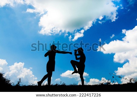 boys fighting Thailand boxing, Silhouette