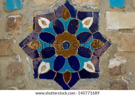 Blue brown white majolica octagonal tile decoration of wall in Islamic mosque in Samarkand part of Silk Road