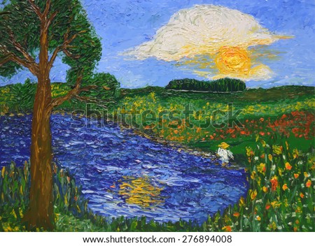 Oil landscape with lake and man in hat