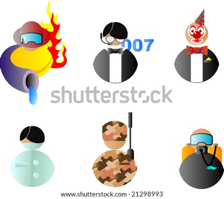 A set of vector characters of different professions:fireman, clown, guards, soldiers, divers, medical