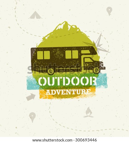Recreation Vehicle Outdoor Mountain Adventure. Creative Vector Travel Concept On Old Paper Background